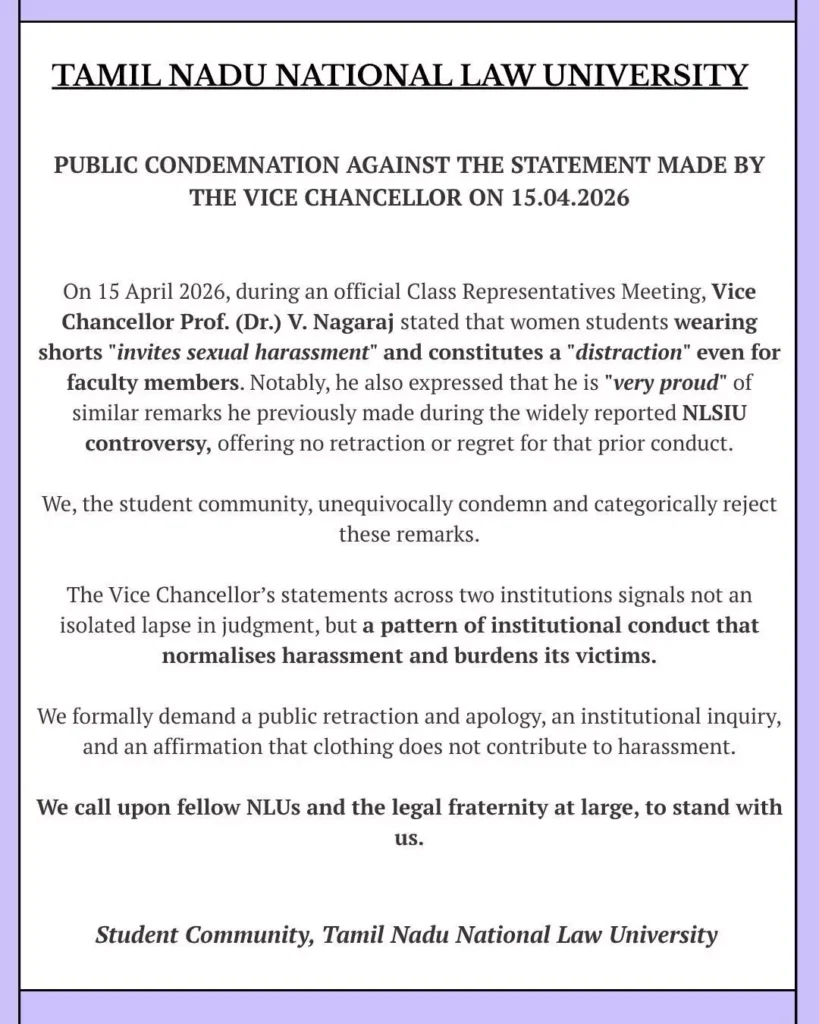 TNNLU Students Protest VC Remarks Linking Womens Clothing to Sexual Harassment